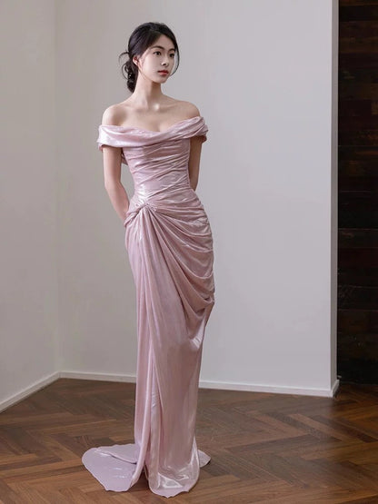 Elegant Mermaid Off The Shoulder Pink Satin Short Sleeves Long Evening Party Gowns Evening Formal Dresses Prom Dress W801