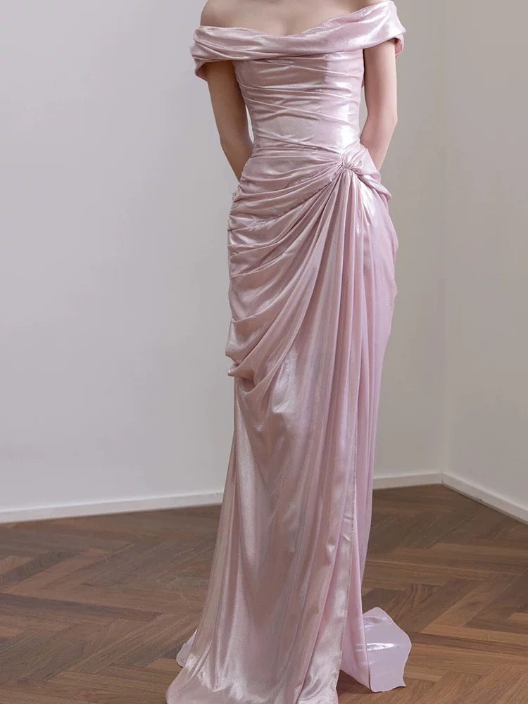 Elegant Mermaid Off The Shoulder Pink Satin Short Sleeves Long Evening Party Gowns Evening Formal Dresses Prom Dress W801