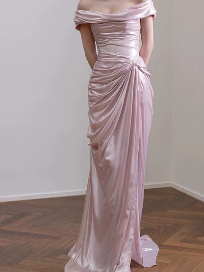 Elegant Mermaid Off The Shoulder Pink Satin Short Sleeves Long Evening Party Gowns Evening Formal Dresses Prom Dress W801