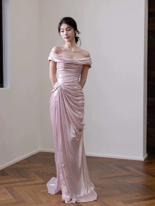 Elegant Mermaid Off The Shoulder Pink Satin Short Sleeves Long Evening Party Gowns Evening Formal Dresses Prom Dress W801