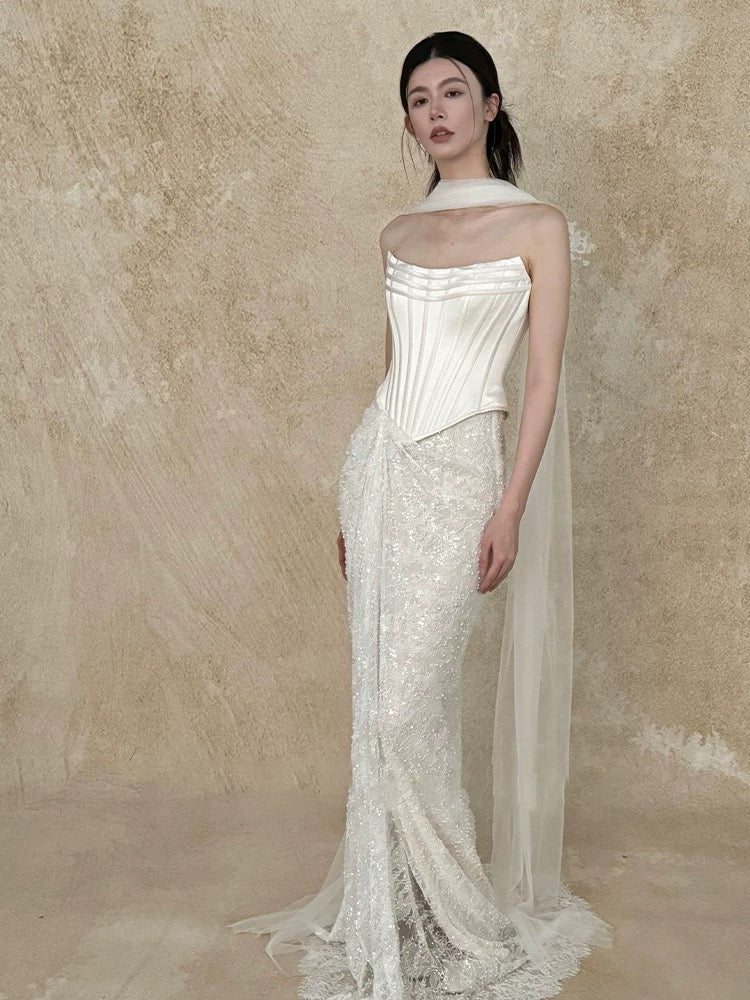 Pretty Wedding Dress Mermaid Strapless White Long Satin Wedding Dresses Bridal Gowns Brides Gown W802