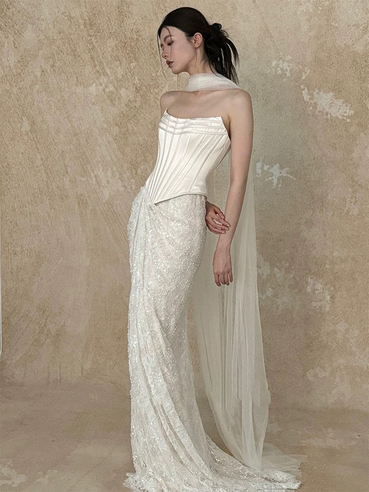 Pretty Wedding Dress Mermaid Strapless White Long Satin Wedding Dresses Bridal Gowns Brides Gown W802