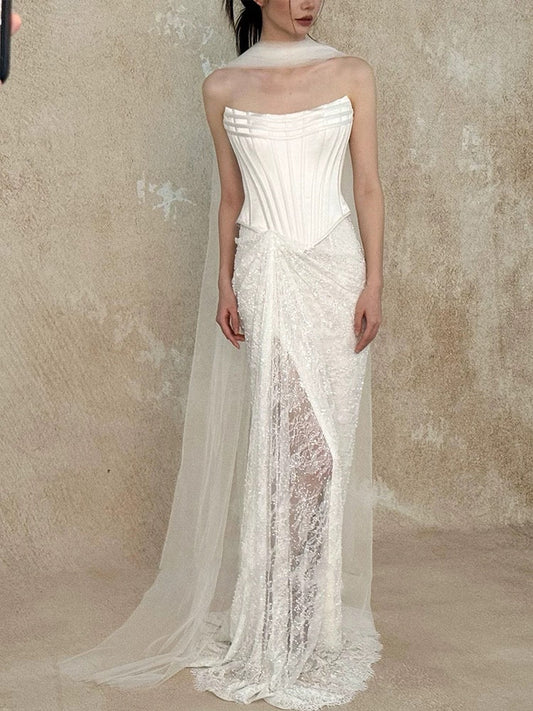 Pretty Wedding Dress Mermaid Strapless White Long Satin Wedding Dresses Bridal Gowns Brides Gown W802