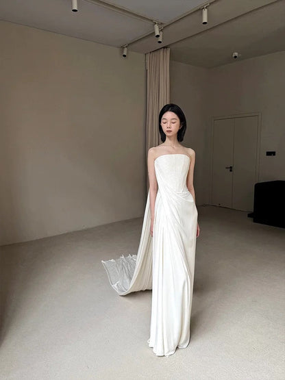 Pretty Wedding Dress Sheath Strapless White Long Satin Wedding Dresses Bridal Gowns Brides Gown W804