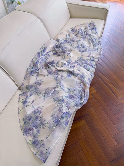 Vintage A line Straps Lilac Floral Chiffon Long Evening Party Gowns Evening Formal Dresses Prom Dress W821