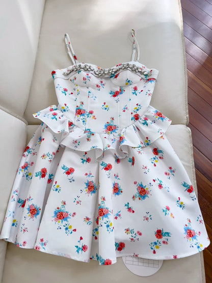 Pretty A line Spaghetti Straps White Floral Summer 16th Birthday Dresses For Teens Hoco Dress Mini 18th Birthday Outfit Cocktail Dresses For Women W822