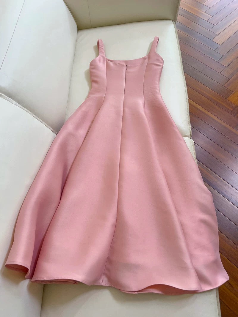 Vintage A line Square Neck Pink Long Evening Party Gowns Evening Formal Dresses Prom Dress W826