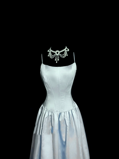 Vintage A Line Spaghetti Straps Light Sky Blue Satin Prom Dresses Party Dress Summer 22th Birthday Outfits 18th Birthday Dresses W831