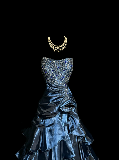 Vintage Mermaid Sweetheart Navy Blue Taffeta Long Prom Dresses Party Dress Birthday Outfits Graduation Dresses W838