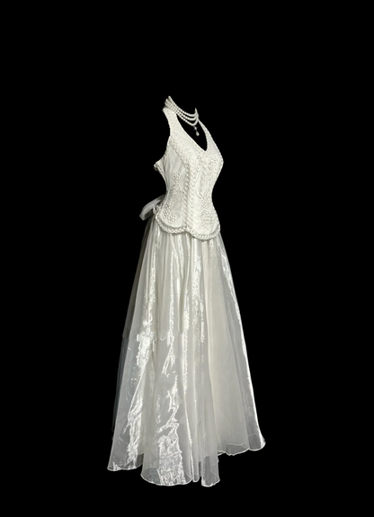 Vintage Bridal Gown 1960s Ball Gown Halter White Sleeveless Lace Long Wedding Dresses Elegant Bridal Gowns W840