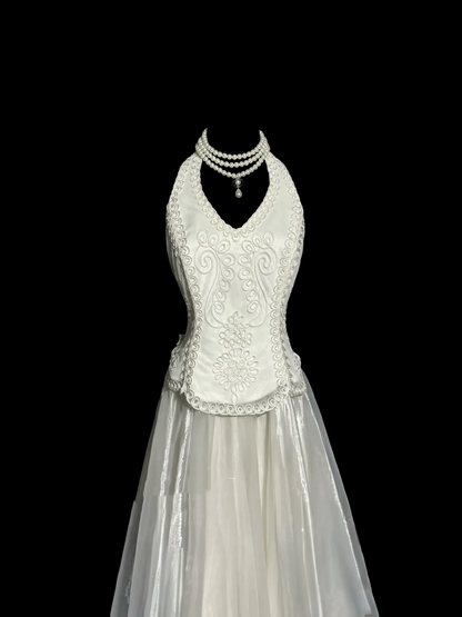 Vintage Bridal Gown 1960s Ball Gown Halter White Sleeveless Lace Long Wedding Dresses Elegant Bridal Gowns W840