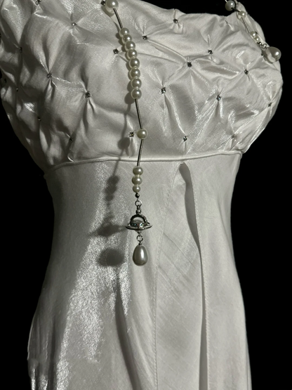 Vintage Mermaid Spaghetti Straps White Satin Long Prom Dresses Party Dress Birthday Outfits Graduation Dresses W843