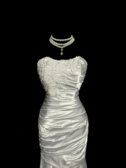 Vintage Mermaid Sweetheart White Satin Long Prom Dresses Party Dress 20th Birthday Outfits Graduation Dresses W845