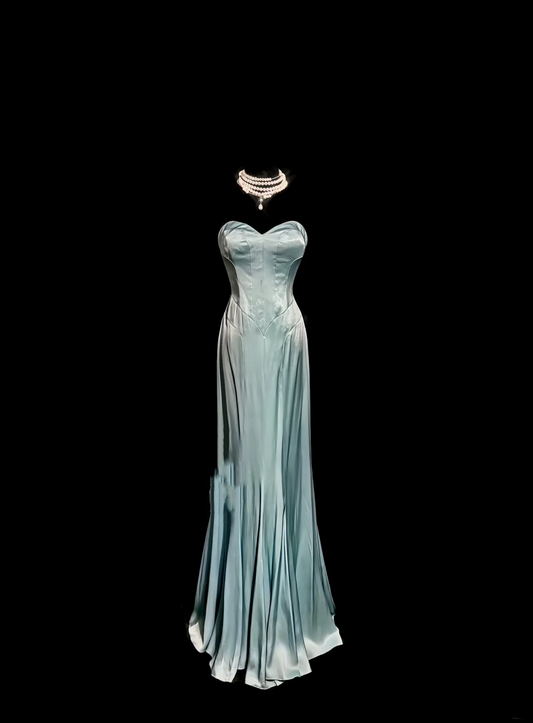 Vintage Mermaid Sweetheart Light Sky Blue Satin Long Prom Dresses Party Dress 20th Birthday Outfits Graduation Dresses W846
