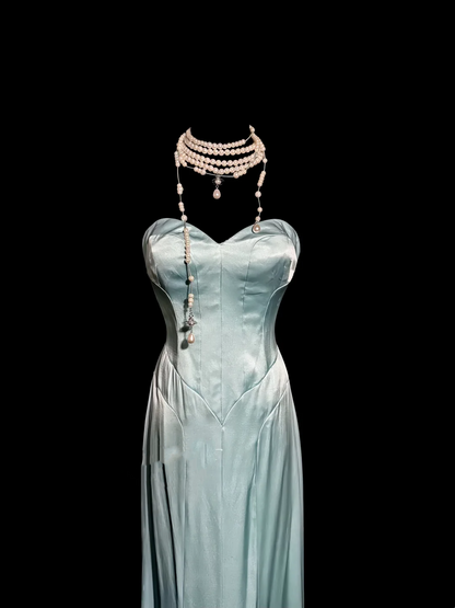 Vintage Mermaid Sweetheart Light Sky Blue Satin Long Prom Dresses Party Dress 20th Birthday Outfits Graduation Dresses W846