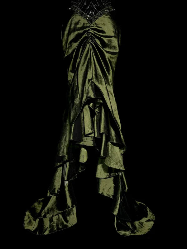 Vintage Mermaid Halter Olive Green 1950s Retro Classy Satin Long Prom Dresses Party Dress 21st Birthday Outfits Graduation Dresses SH3507