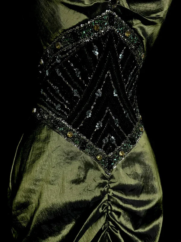 Vintage Mermaid Halter Olive Green 1950s Retro Classy Satin Long Prom Dresses Party Dress 21st Birthday Outfits Graduation Dresses SH3507