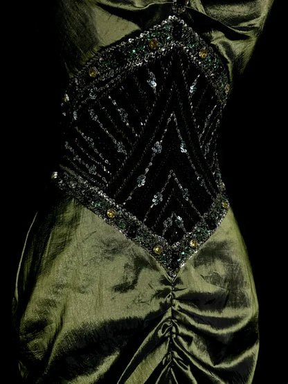 Vintage Mermaid Halter Olive Green 1950s Retro Classy Satin Long Prom Dresses Party Dress 21st Birthday Outfits Graduation Dresses SH3507