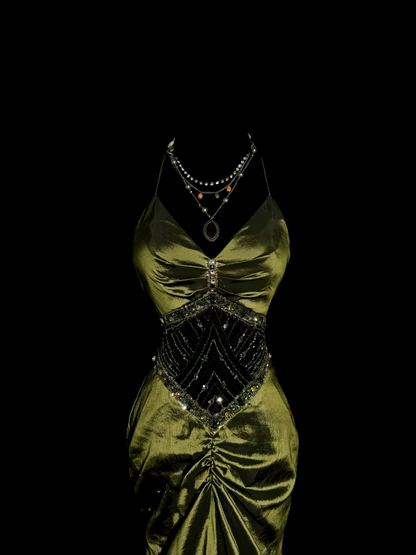 Vintage Mermaid Halter Olive Green 1950s Retro Classy Satin Long Prom Dresses Party Dress 21st Birthday Outfits Graduation Dresses W852