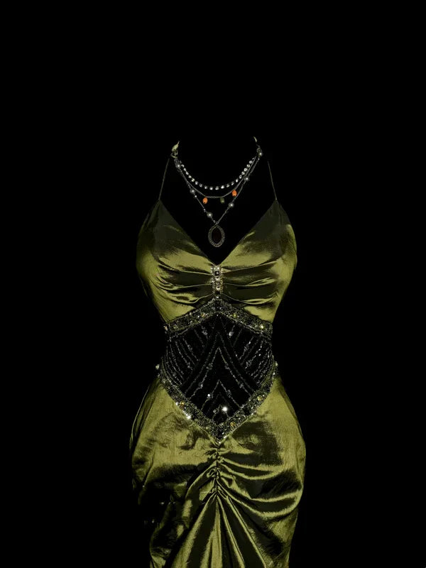 Vintage Mermaid Halter Olive Green 1950s Retro Classy Satin Long Prom Dresses Party Dress 21st Birthday Outfits Graduation Dresses SH3507