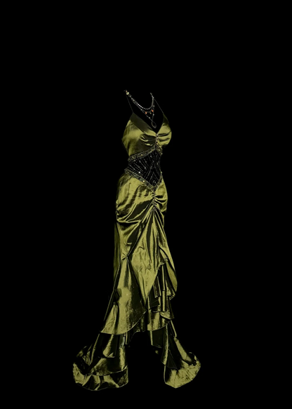 Vintage Mermaid Halter Olive Green 1950s Retro Classy Satin Long Prom Dresses Party Dress 21st Birthday Outfits Graduation Dresses W852