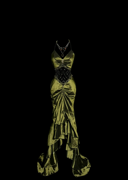 Vintage Mermaid Halter Olive Green 1950s Retro Classy Satin Long Prom Dresses Party Dress 21st Birthday Outfits Graduation Dresses W852