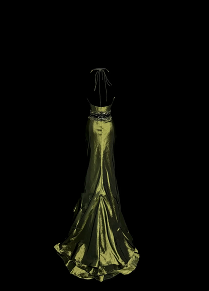 Vintage Mermaid Halter Olive Green 1950s Retro Classy Satin Long Prom Dresses Party Dress 21st Birthday Outfits Graduation Dresses W852