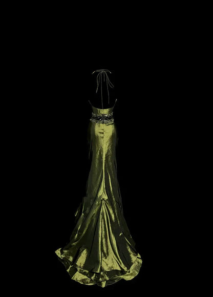 Vintage Mermaid Halter Olive Green 1950s Retro Classy Satin Long Prom Dresses Party Dress 21st Birthday Outfits Graduation Dresses SH3507