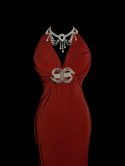 Vintage Mermaid V Neck Red 1950s Retro Classy Chiffon Long Prom Dresses Party Dress 21st Birthday Outfits Graduation Dresses W858