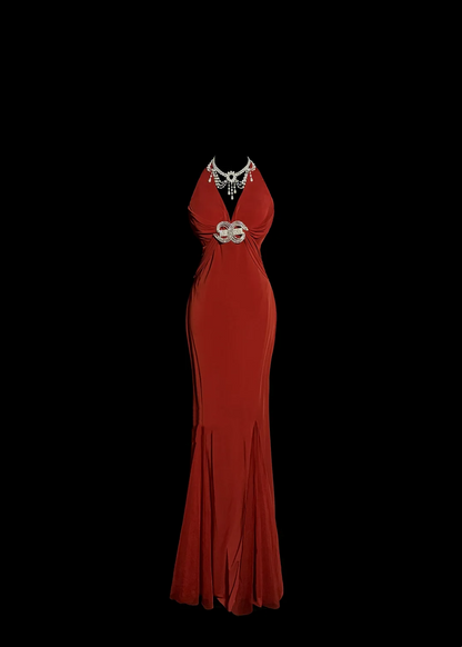 Vintage Mermaid V Neck Red 1950s Retro Classy Chiffon Long Prom Dresses Party Dress 21st Birthday Outfits Graduation Dresses W858