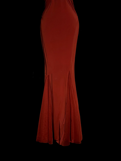 Vintage Mermaid V Neck Red 1950s Retro Classy Chiffon Long Prom Dresses Party Dress 21st Birthday Outfits Graduation Dresses W858