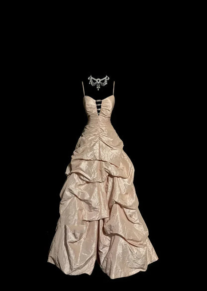 Apricot Vintage Spaghetti Straps 90s Long Prom Dresses Party Dress 18th Birthday Outfits Graduation Dresses SH3505