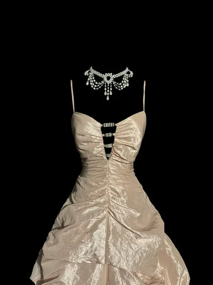 Apricot Vintage Spaghetti Straps 90s Long Prom Dresses Party Dress 18th Birthday Outfits Graduation Dresses SH3505