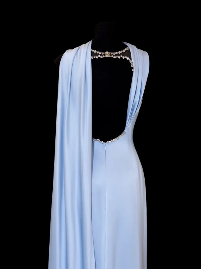 Romantic Sheath Strapless Blue Satin Open Back Long Prom Dress Graduation Prom Dress SH2489