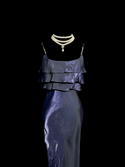 Vintage Mermaid Spaghetti Straps Navy Blue 1950s Retro Classy Satin Long Prom Dresses Party Dress 21st Birthday Outfits Graduation Dresses W869