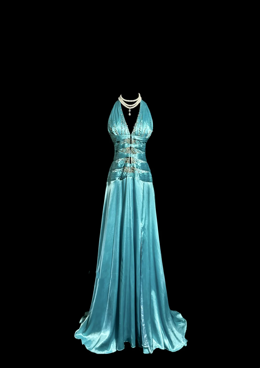 Vintage A line Halter Blue 1950s Retro Classy Satin Long Prom Dresses Party Dress 21st Birthday Outfits Graduation Dresses W870