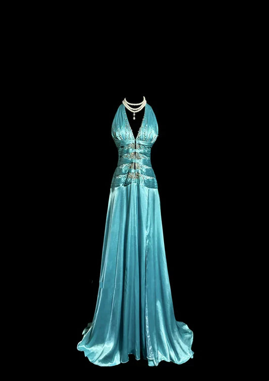 Vintage A line Halter Blue 1950s Retro Classy Satin Long Prom Dresses Party Dress 21st Birthday Outfits Graduation Dresses SH3509