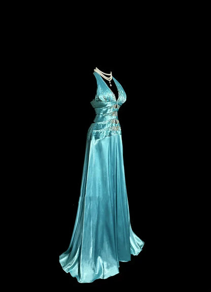 Vintage A line Halter Blue 1950s Retro Classy Satin Long Prom Dresses Party Dress 21st Birthday Outfits Graduation Dresses SH3509