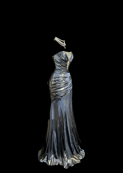 Vintage Mermaid Strapless Gray Satin 90s Long Prom Dresses Party Dress 30th Birthday Outfits Graduation Dresses W871