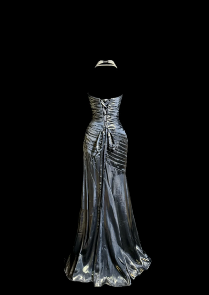 Vintage Mermaid Strapless Gray Satin 90s Long Prom Dresses Party Dress 30th Birthday Outfits Graduation Dresses W871