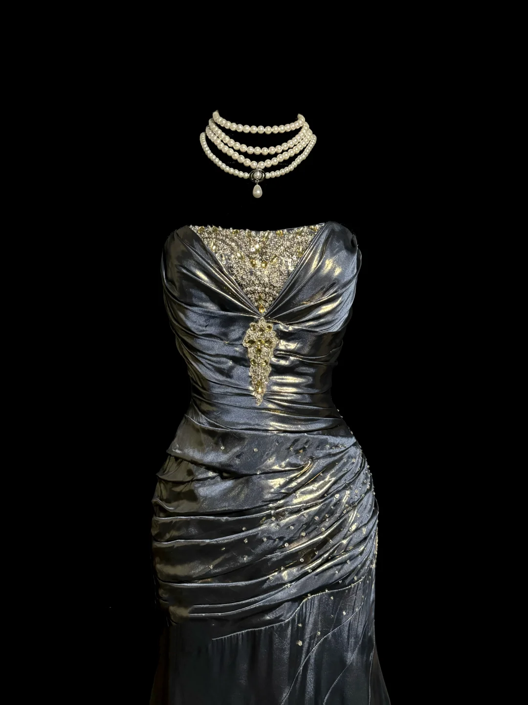 Vintage Mermaid Strapless Gray Satin 90s Long Prom Dresses Party Dress 30th Birthday Outfits Graduation Dresses W871