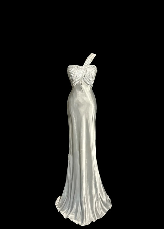 Vintage Mermaid One Shoulder Satin 90s Long Prom Dresses Party Dress 30th Birthday Outfits Graduation Dresses W874