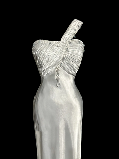 Vintage Mermaid One Shoulder Satin 90s Long Prom Dresses Party Dress 30th Birthday Outfits Graduation Dresses W874