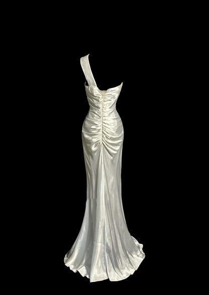Vintage Mermaid One Shoulder Satin 90s Long Prom Dresses Party Dress 30th Birthday Outfits Graduation Dresses W874