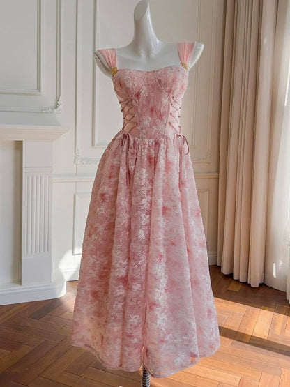 Elegant A line Square Pink Lace Sleeveless Chiffon Long Evening Party Gowns Evening Formal Dresses Prom Dress W886