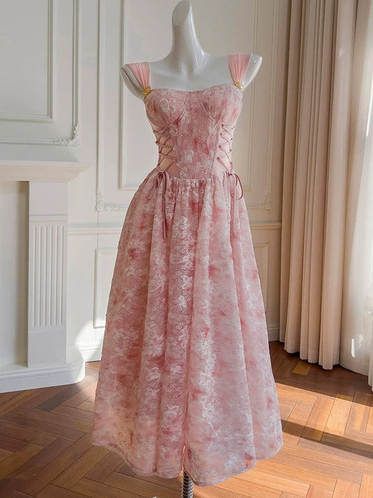 Elegant A line Square Pink Lace Sleeveless Chiffon Long Evening Party Gowns Evening Formal Dresses Prom Dress W886