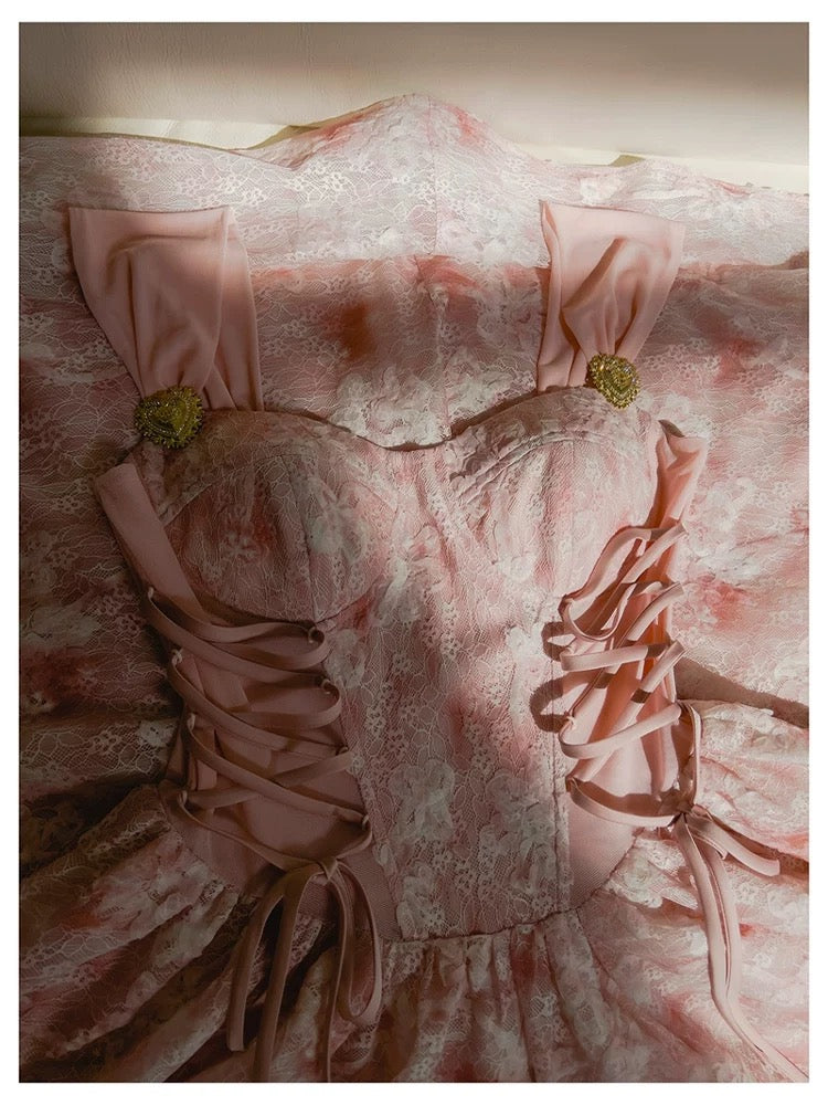 Elegant A line Square Pink Lace Sleeveless Chiffon Long Evening Party Gowns Evening Formal Dresses Prom Dress W886