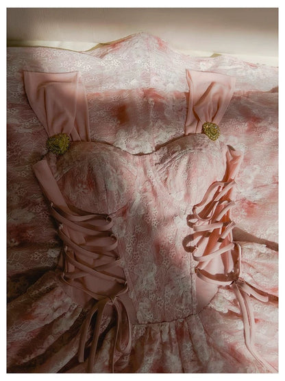 Elegant A line Square Pink Lace Sleeveless Chiffon Long Evening Party Gowns Evening Formal Dresses Prom Dress W886