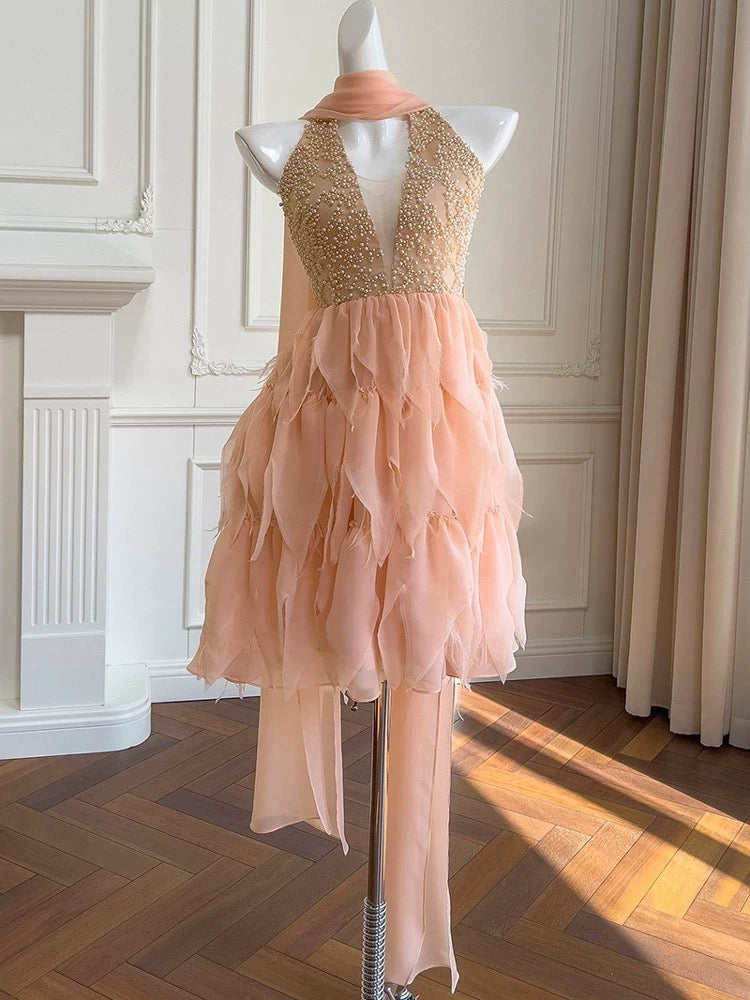 Pretty A line Halter Blush Pink Chiffon Summer 16th Birthday Dresses For Teens Hoco Dress Mini 18th Birthday Outfit Cocktail Dresses For Women W889