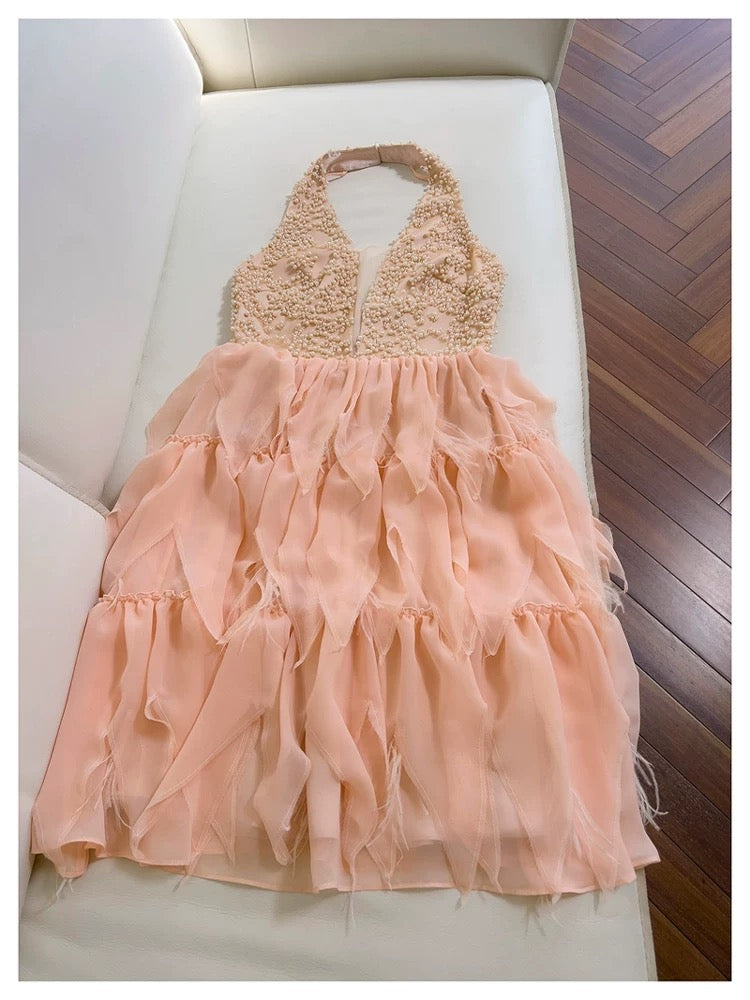 Pretty A line Halter Blush Pink Chiffon Summer 16th Birthday Dresses For Teens Hoco Dress Mini 18th Birthday Outfit Cocktail Dresses For Women W889